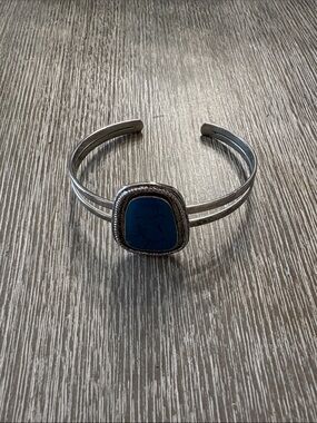 Silver-Tone Cuff Bracelet with Deep Blue Stone